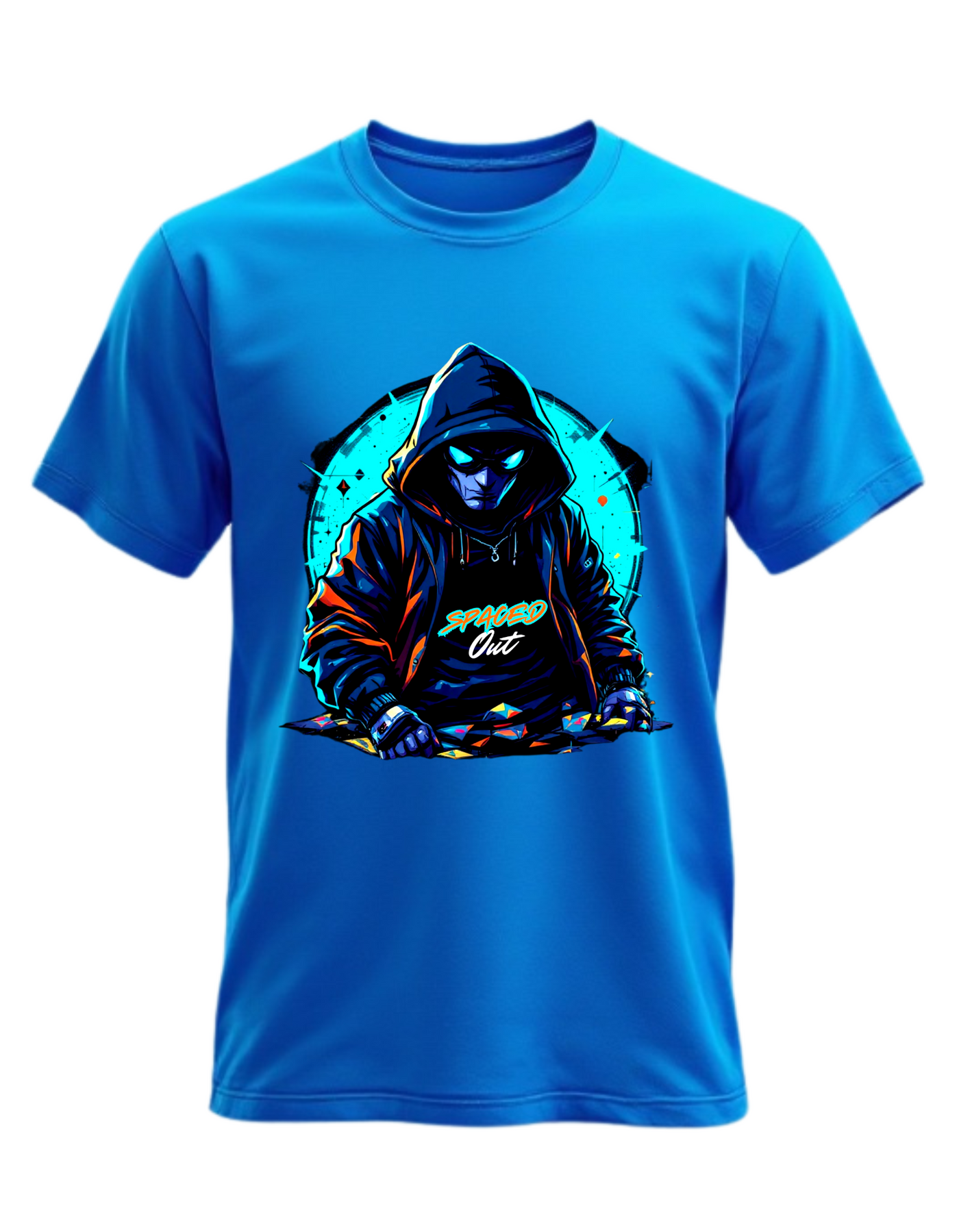 Blue t-shirt with custom DTF printed hooded figure design featuring neon cyan glow effects and geometric background elements