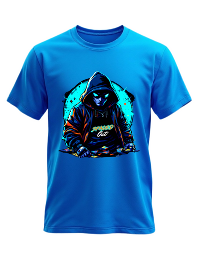 Blue t-shirt with custom DTF printed hooded figure design featuring neon cyan glow effects and geometric background elements
