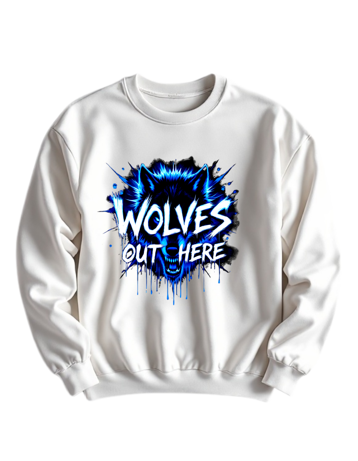 White crewneck sweatshirt with custom DTF printed fierce wolf design featuring neon blue effects and white dripping text effect with black splash details
