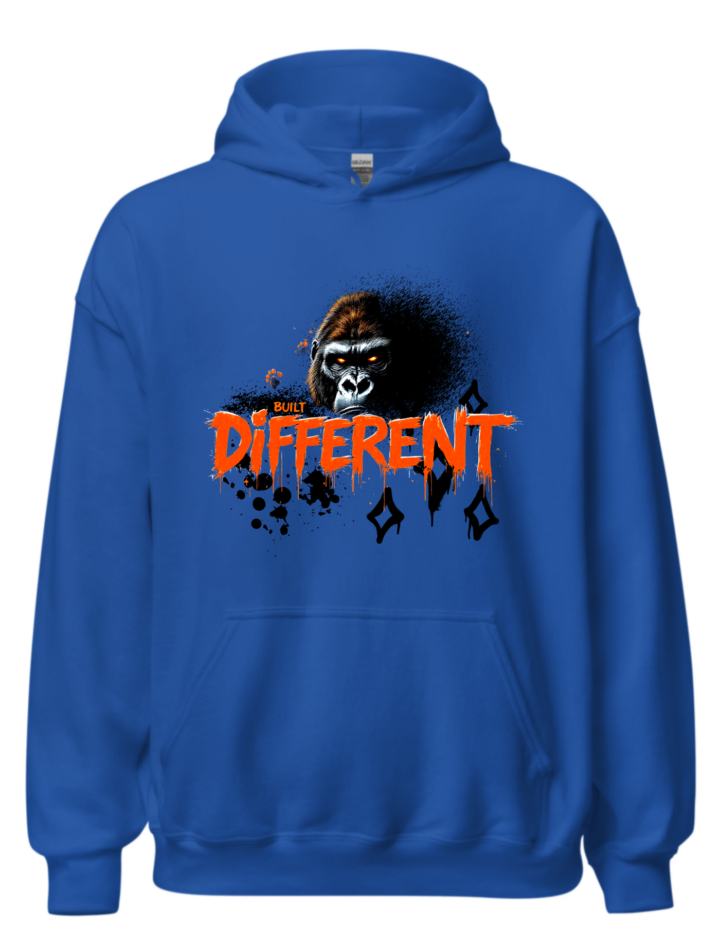 Blue hoodie with custom DTF printed fierce gorilla design featuring orange glowing eyes and dripping text effect with diamond accents