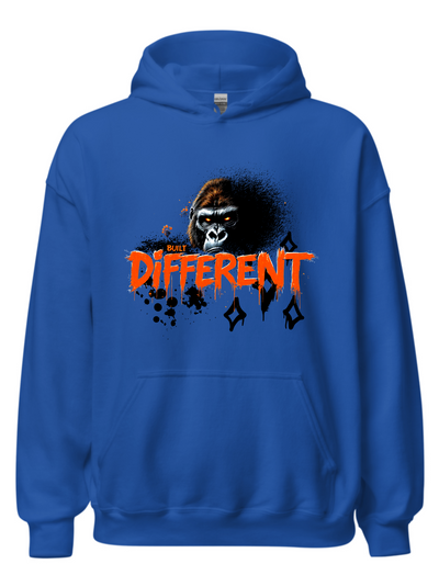 Blue hoodie with custom DTF printed fierce gorilla design featuring orange glowing eyes and dripping text effect with diamond accents
