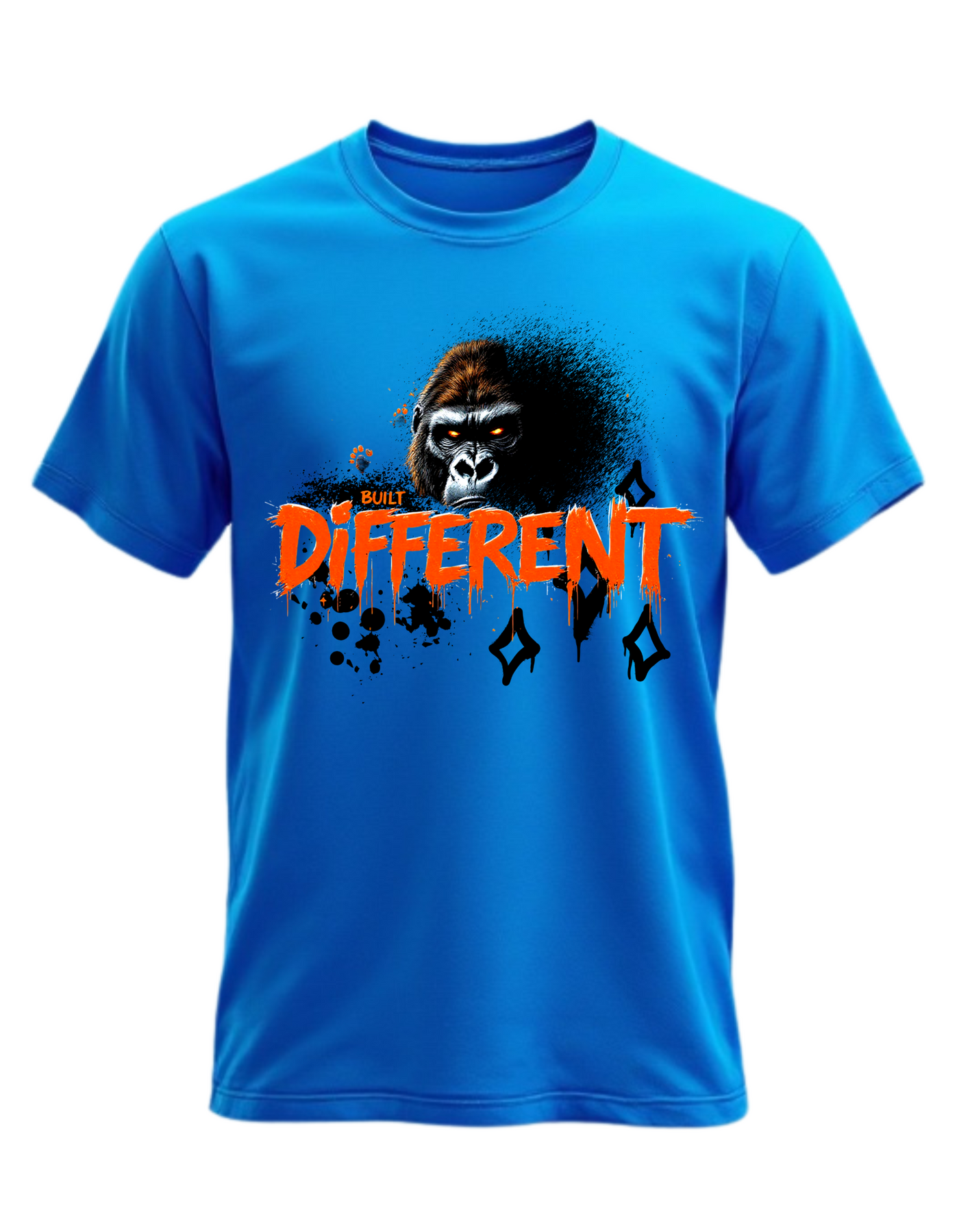 Blue t-shirt with custom DTF printed fierce gorilla design featuring orange glowing eyes and dripping text effect with diamond accents