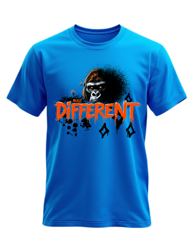 Blue t-shirt with custom DTF printed fierce gorilla design featuring orange glowing eyes and dripping text effect with diamond accents