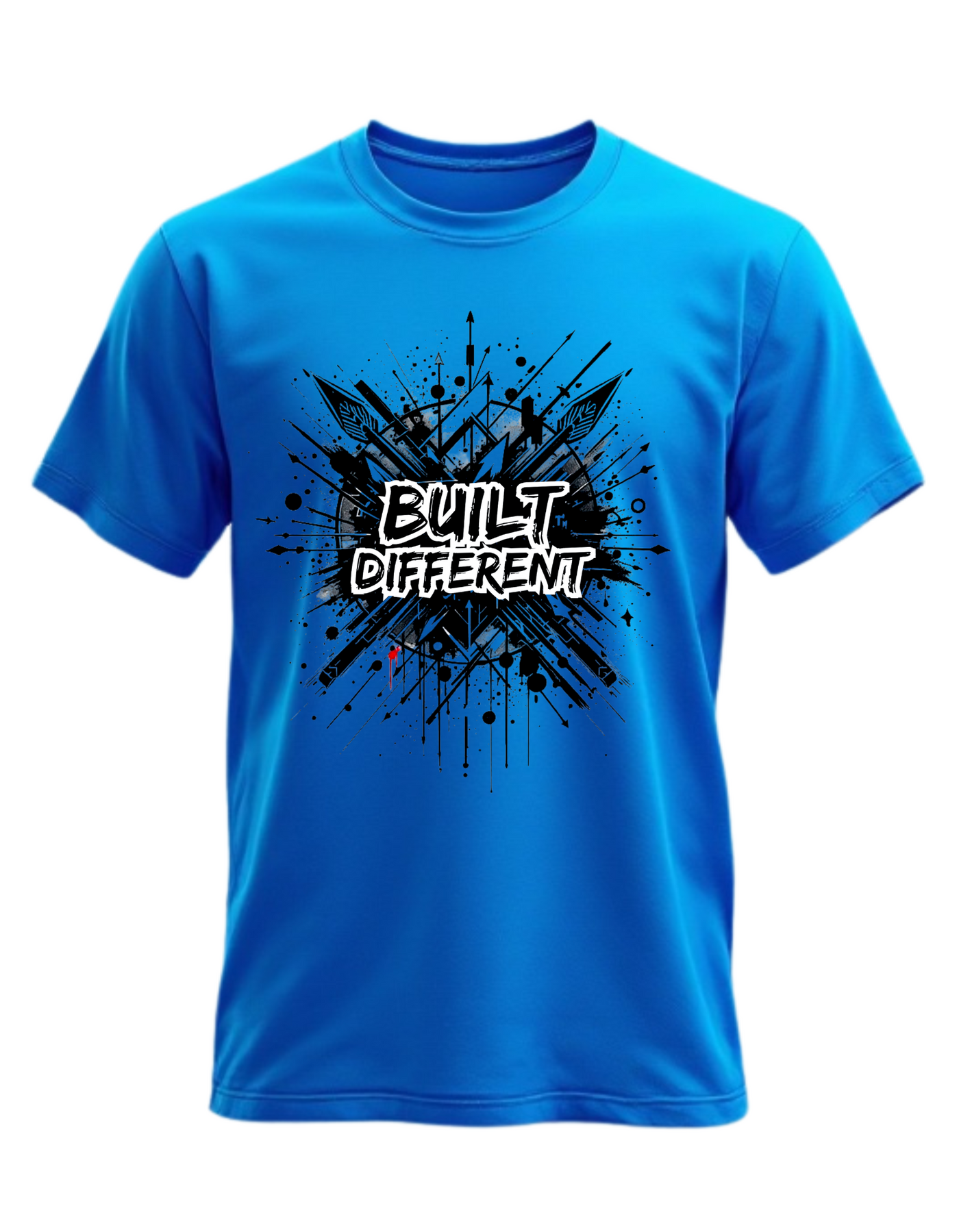 Blue t-shirt with custom DTF printed Built Different design featuring black explosion effect and white graffiti style text