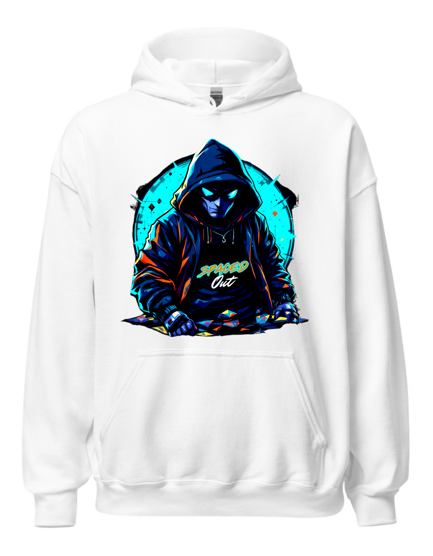 White hoodie with custom DTF printed hooded figure design featuring neon cyan glow effects and geometric background elements