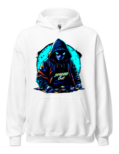 White hoodie with custom DTF printed hooded figure design featuring neon cyan glow effects and geometric background elements