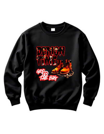 Black crewneck sweatshirt with custom DTF printed Demon Time design featuring red text and brown work boots with gold chain accent