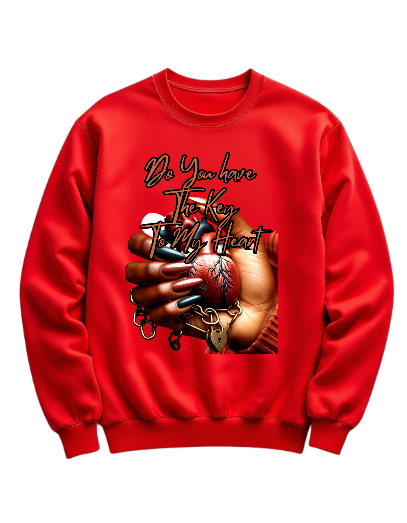 Red crewneck sweatshirt with custom DTF printed design featuring anatomical heart in hand with lock and chain details and copper script text