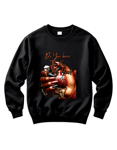 Black crewneck sweatshirt with custom DTF printed design featuring anatomical heart in hand with lock and chain details and copper script text