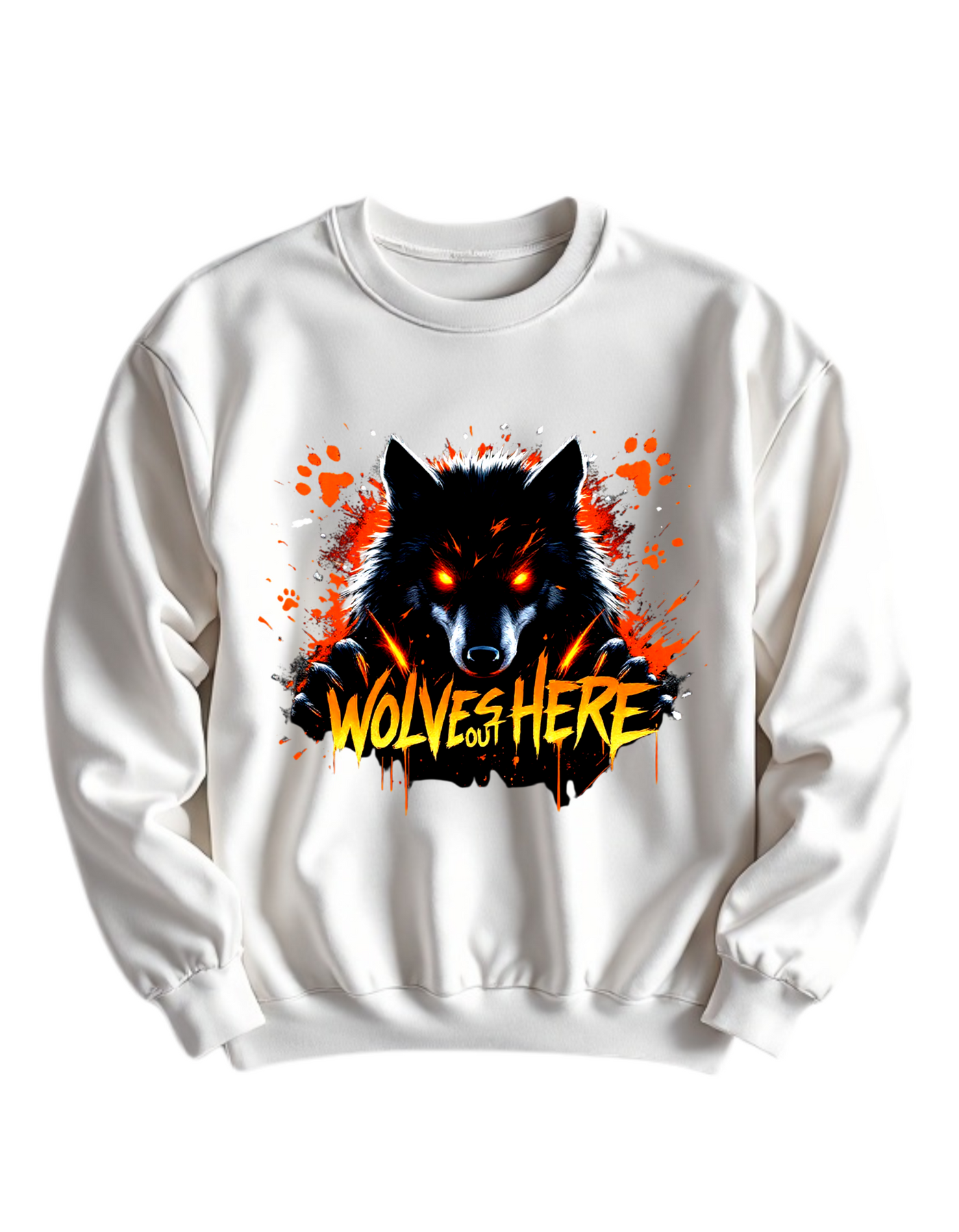 White crewneck sweatshirt with custom DTF printed fierce black wolf design featuring orange glowing eyes, red paw prints and orange flame text effect