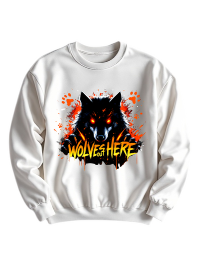 White crewneck sweatshirt with custom DTF printed fierce black wolf design featuring orange glowing eyes, red paw prints and orange flame text effect