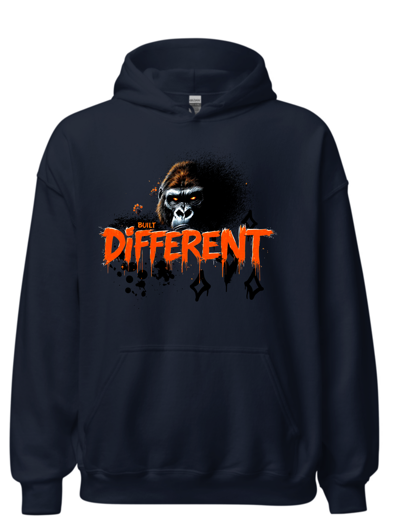 Navy hoodie with custom DTF printed fierce gorilla design featuring orange glowing eyes and dripping text effect with diamond accents