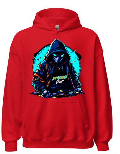 Red hoodie with custom DTF printed hooded figure design featuring neon cyan glow effects and geometric background elements
