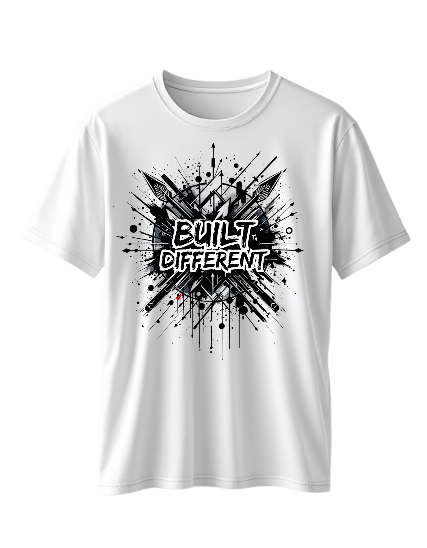 White t-shirt with custom DTF printed Built Different design featuring black explosion effect and white graffiti style text