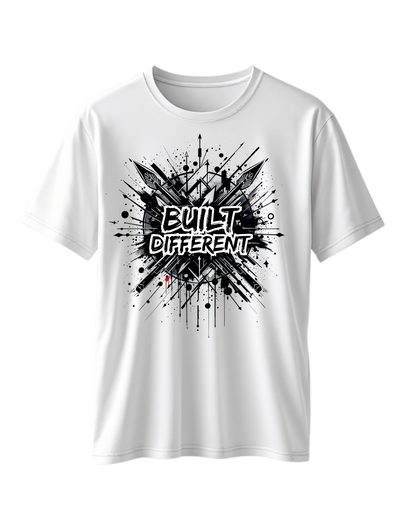 White t-shirt with custom DTF printed Built Different design featuring black explosion effect and white graffiti style text