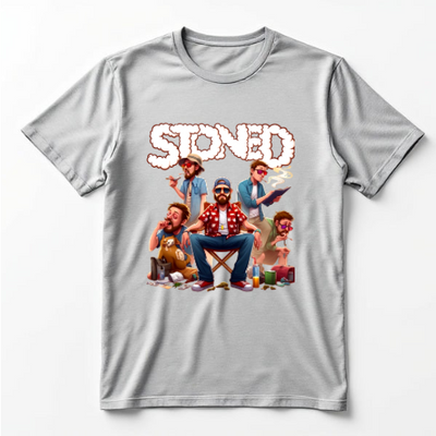 Custom DTF printed grey t-shirt featuring cartoon squad lifestyle design with detailed character artwork on premium cotton fabric
