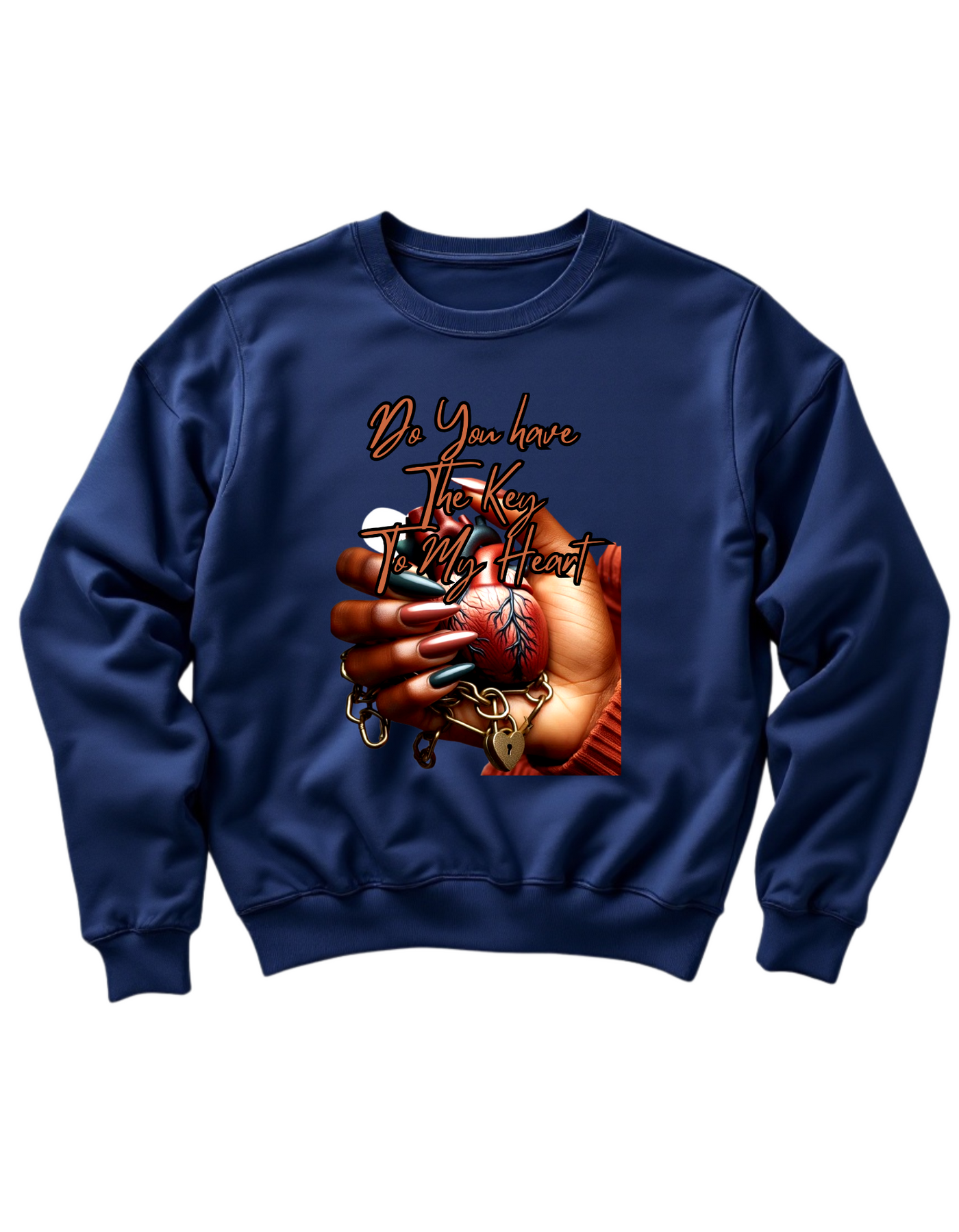 Navy crewneck sweatshirt with custom DTF printed design featuring anatomical heart in hand with lock and chain details and copper script text