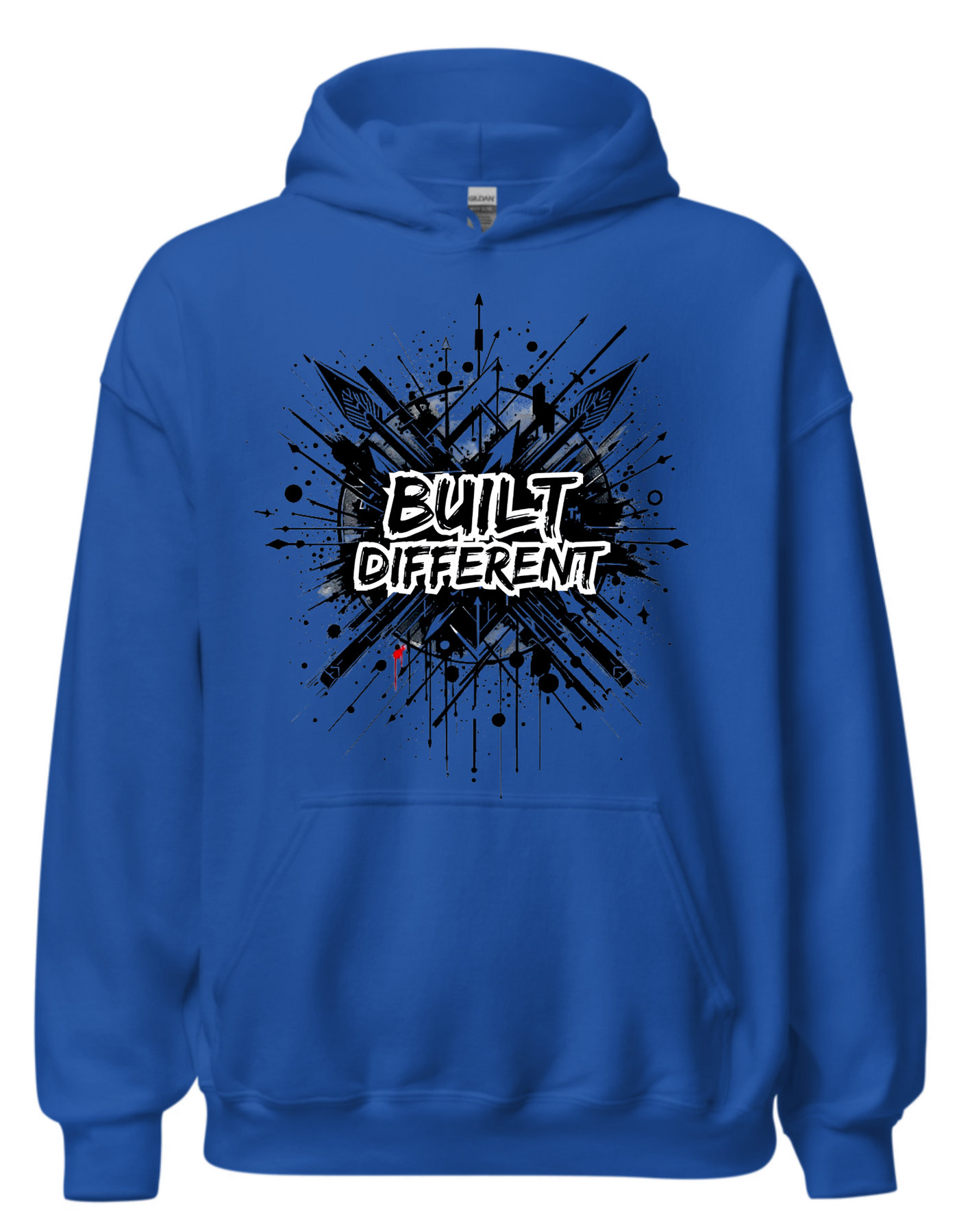 Blue hoodie with custom DTF printed Built Different design featuring black explosion effect and white graffiti style text