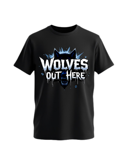 Black t-shirt with custom DTF printed fierce wolf design featuring neon blue effects and white dripping text effect with black splash details