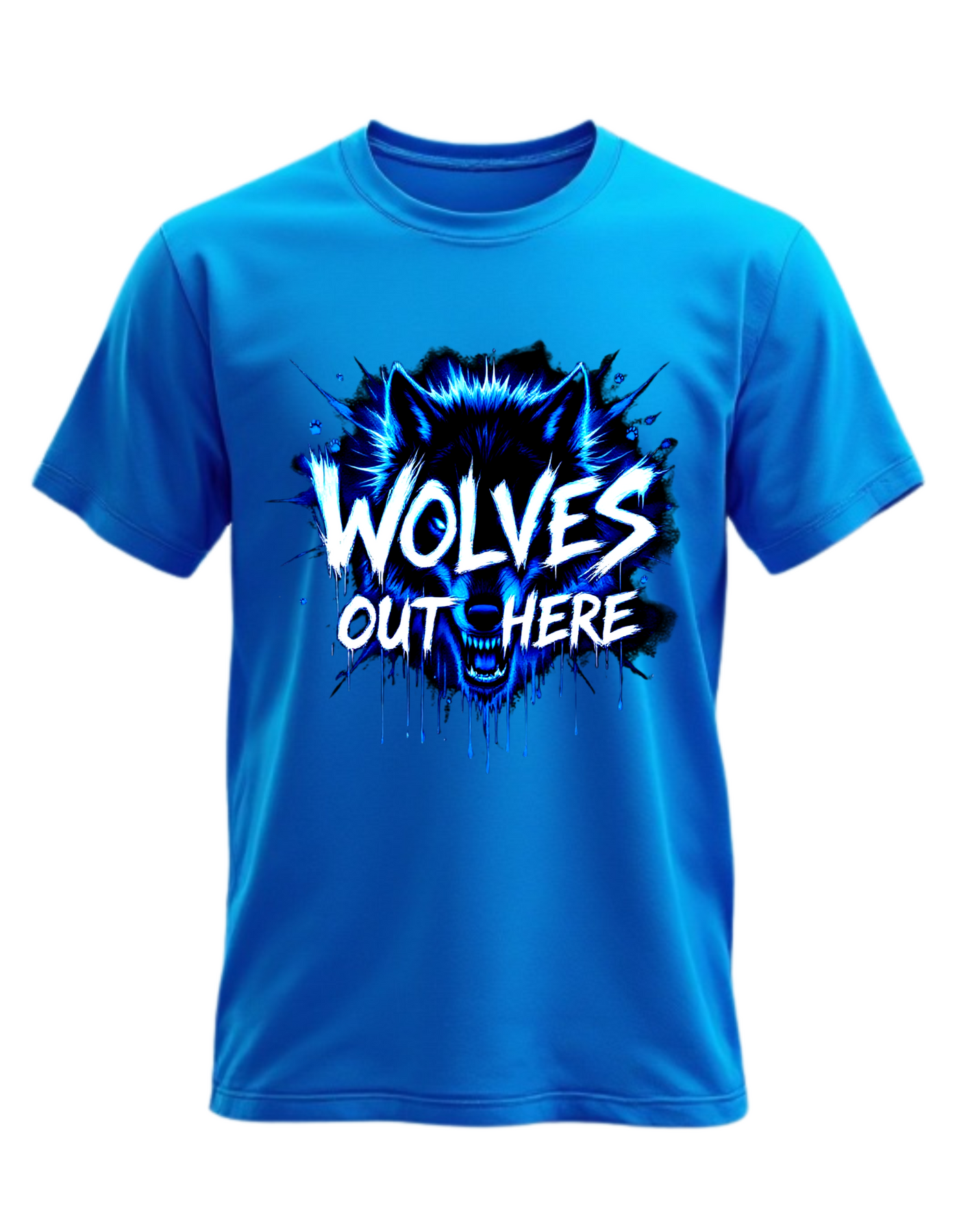 Blue t-shirt with custom DTF printed fierce wolf design featuring neon blue effects and white dripping text effect with black splash details