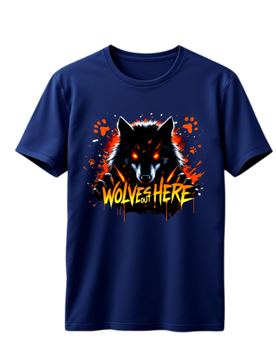 Navy crewneck sweatshirt with custom DTF printed fierce wolf design featuring neon blue effects and white dripping text effect with black splash details