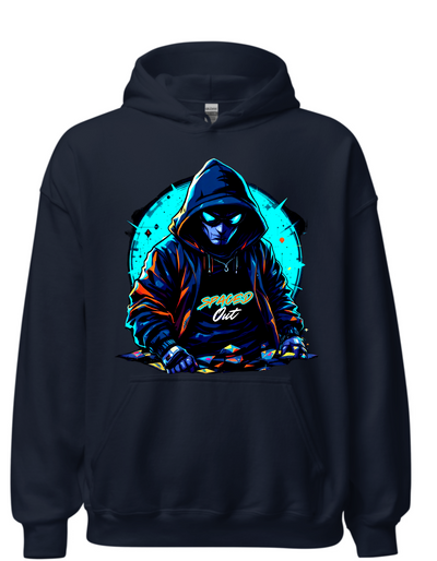 Navy hoodie with custom DTF printed hooded figure design featuring neon cyan glow effects and geometric background elements