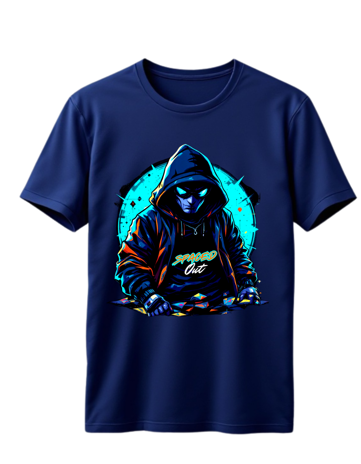 Navy t-shirt with custom DTF printed hooded figure design featuring neon cyan glow effects and geometric background elements