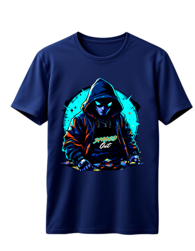 Navy t-shirt with custom DTF printed hooded figure design featuring neon cyan glow effects and geometric background elements