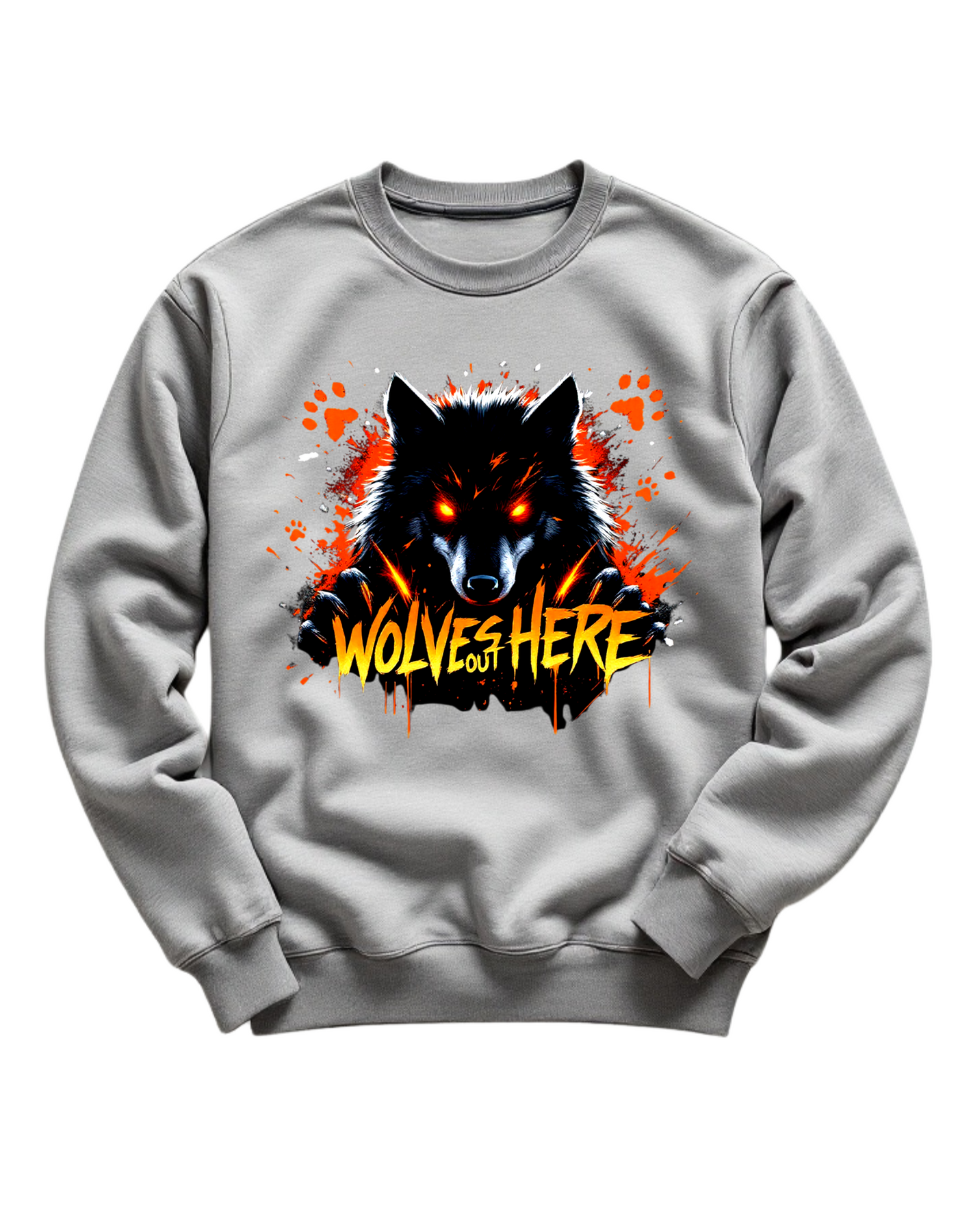 Grey crewneck sweatshirt with custom DTF printed fierce black wolf design featuring orange glowing eyes, red paw prints and orange flame text effect