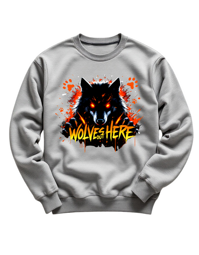 Grey crewneck sweatshirt with custom DTF printed fierce black wolf design featuring orange glowing eyes, red paw prints and orange flame text effect
