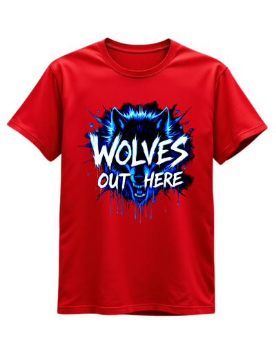 Red t-shirt with custom DTF printed fierce wolf design featuring neon blue effects and white dripping text effect with black splash details