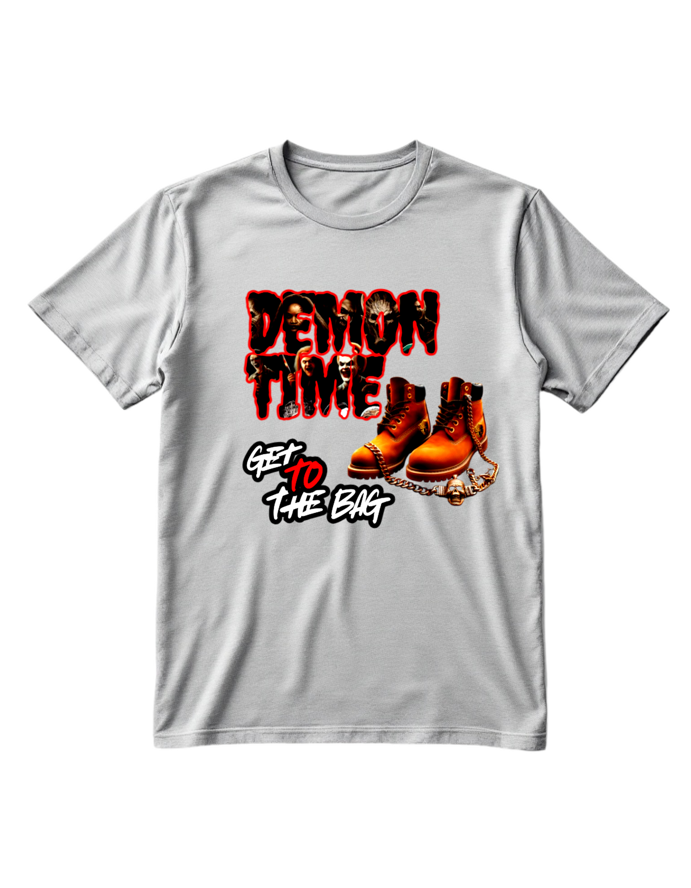 Grey t-shirt with custom DTF printed Demon Time design featuring red text and brown work boots with gold chain accent