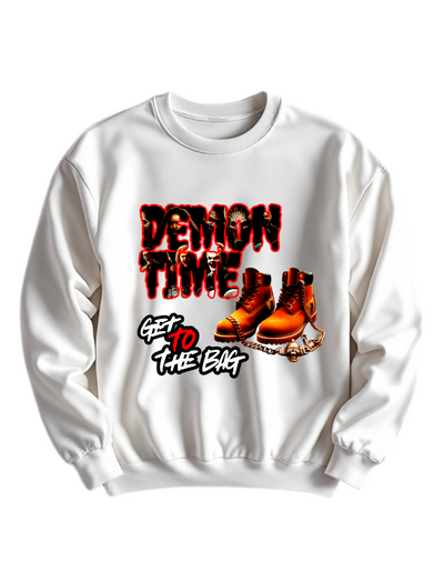 White crewneck sweatshirt with custom DTF printed Demon Time design featuring red text and brown work boots with gold chain accent