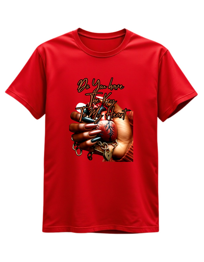 Red t-shirt with custom DTF printed design featuring anatomical heart in hand with lock and chain details and copper script text