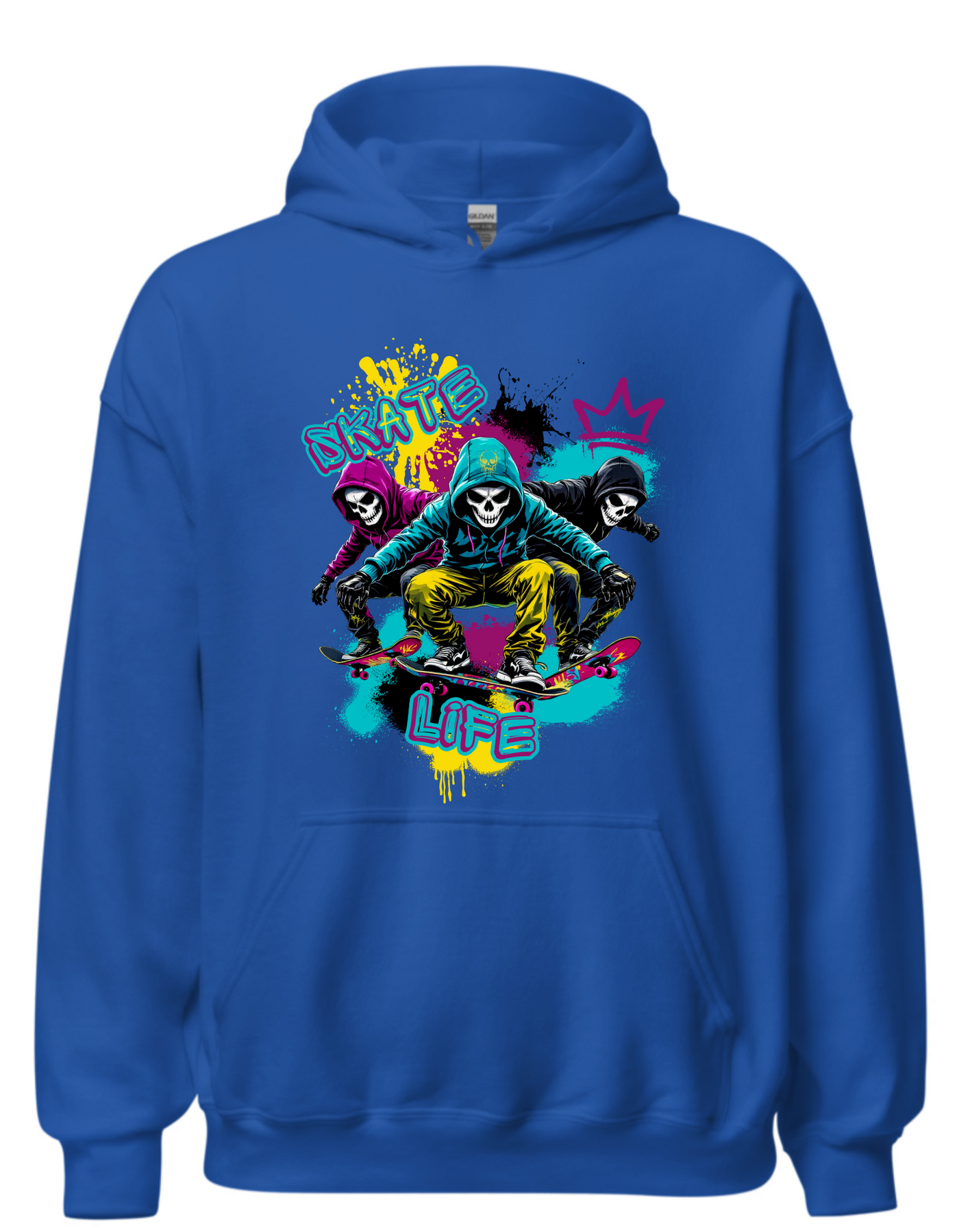 Blue hoodie with custom DTF printed Skate Life design featuring three hooded skull characters in neon colors with yellow, pink, and teal accents and graffiti style text