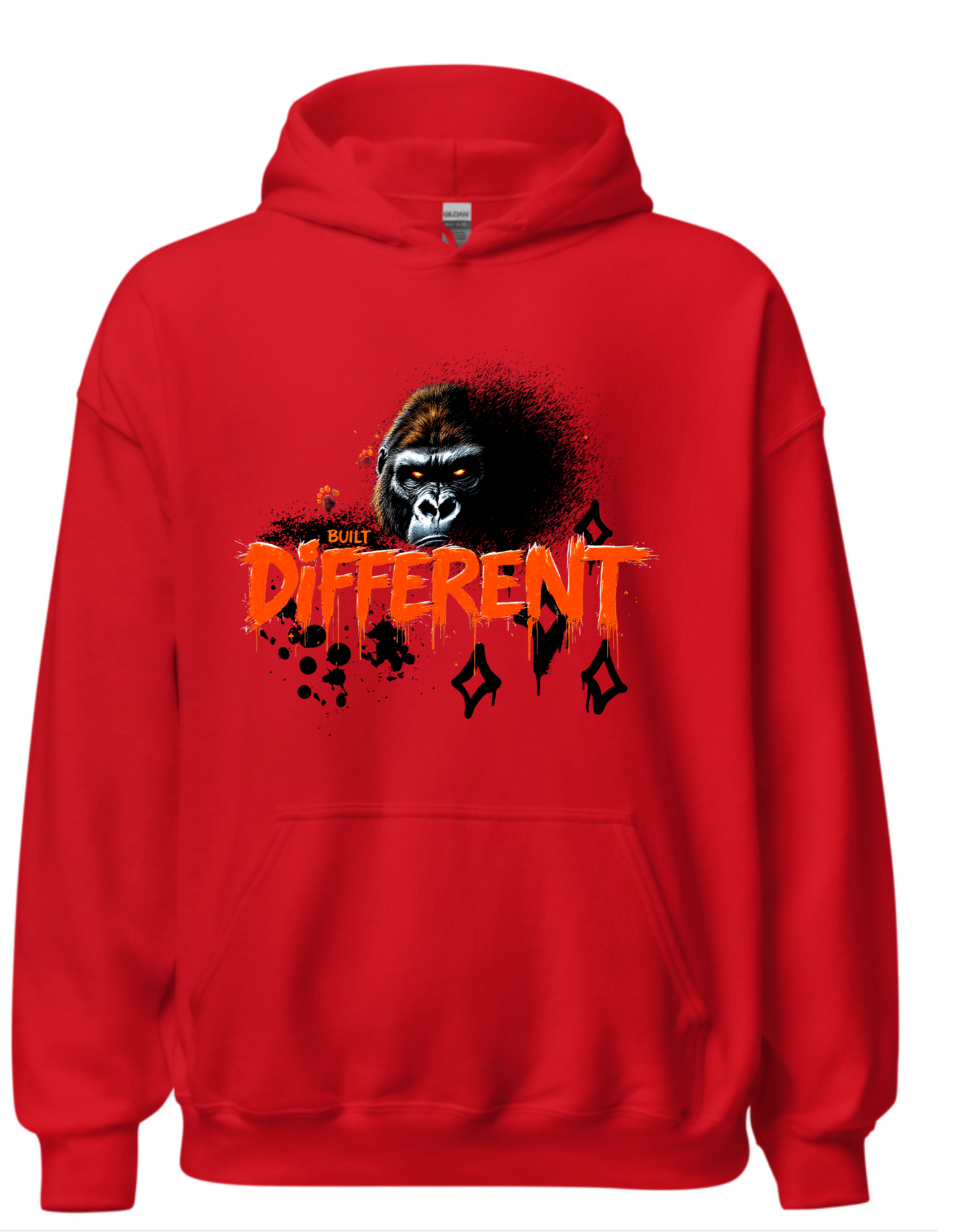Red hoodie with custom DTF printed fierce gorilla design featuring orange glowing eyes and dripping text effect with diamond accents