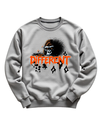 Grey crewneck sweatshirt with custom DTF printed fierce gorilla design featuring orange glowing eyes and dripping text effect with diamond accents