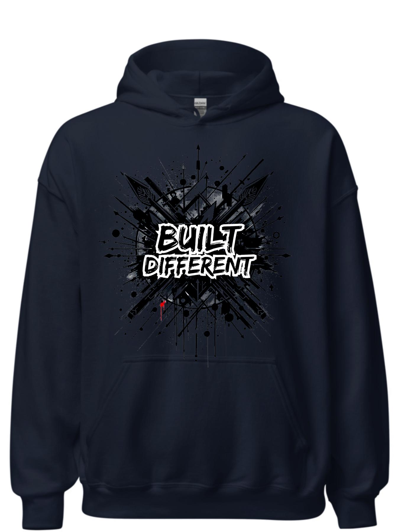 Navy hoodie with custom DTF printed Built Different design featuring black explosion effect and white graffiti style text