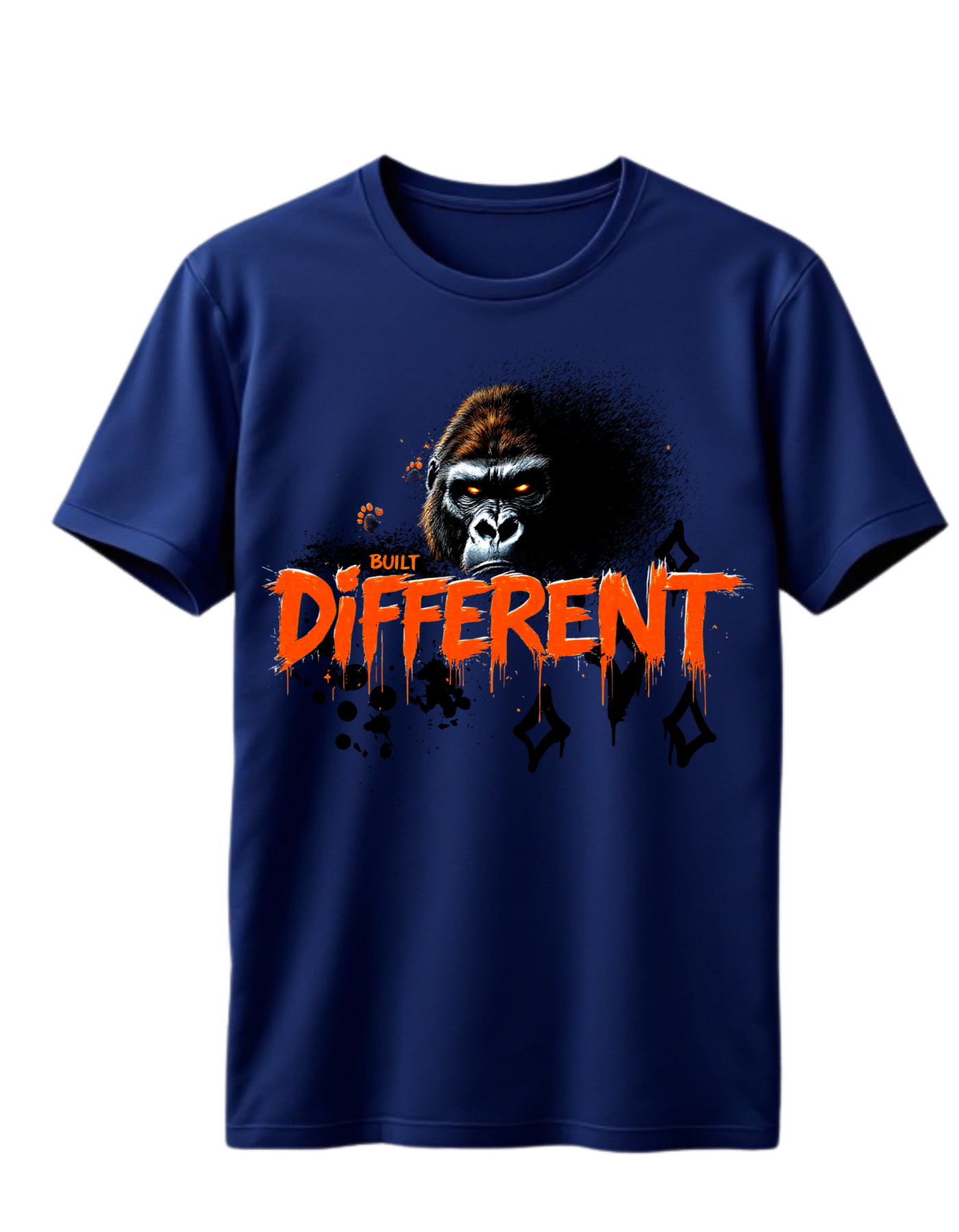 Navy t-shirt with custom DTF printed fierce gorilla design featuring orange glowing eyes and dripping text effect with diamond accents