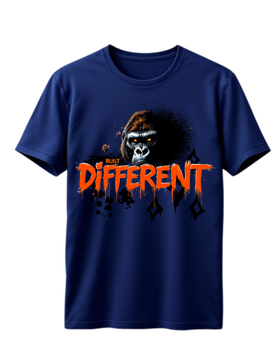 Navy t-shirt with custom DTF printed fierce gorilla design featuring orange glowing eyes and dripping text effect with diamond accents