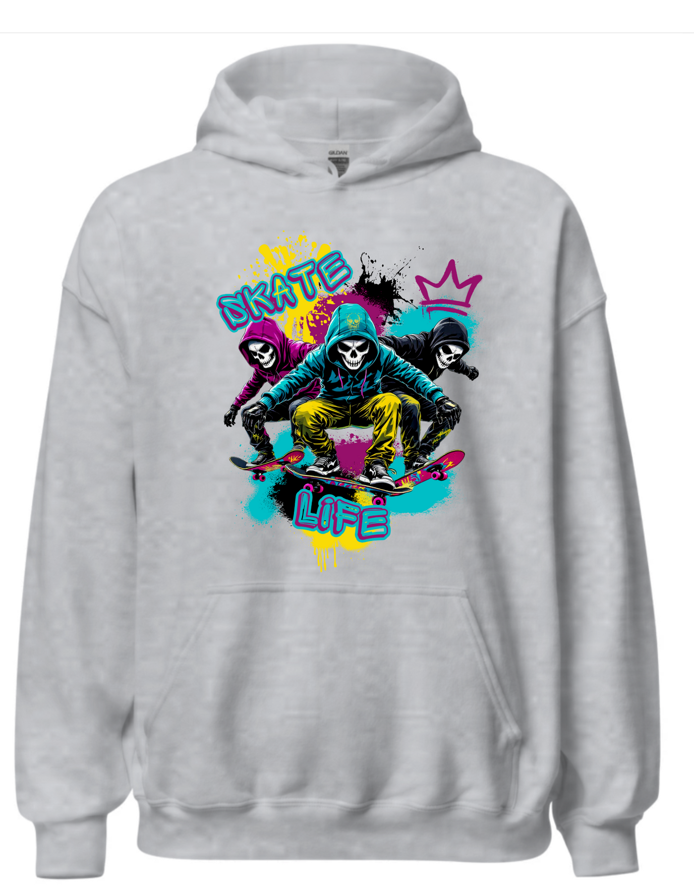 Grey hoodie with custom DTF printed Skate Life design featuring three hooded skull characters in neon colors with yellow, pink, and teal accents and graffiti style text