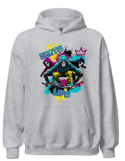 Grey hoodie with custom DTF printed Skate Life design featuring three hooded skull characters in neon colors with yellow, pink, and teal accents and graffiti style text