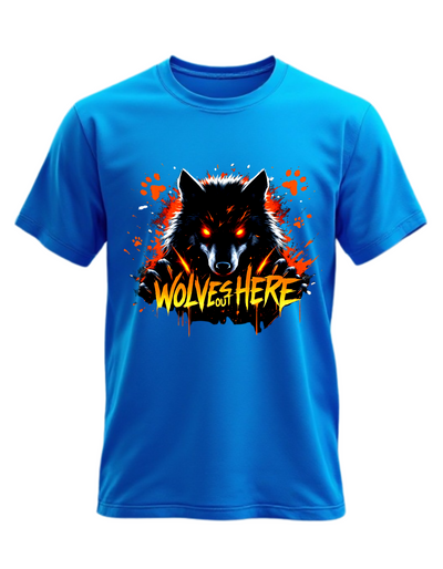 Blue crewneck sweatshirt with custom DTF printed fierce wolf design featuring neon blue effects and white dripping text effect with black splash details