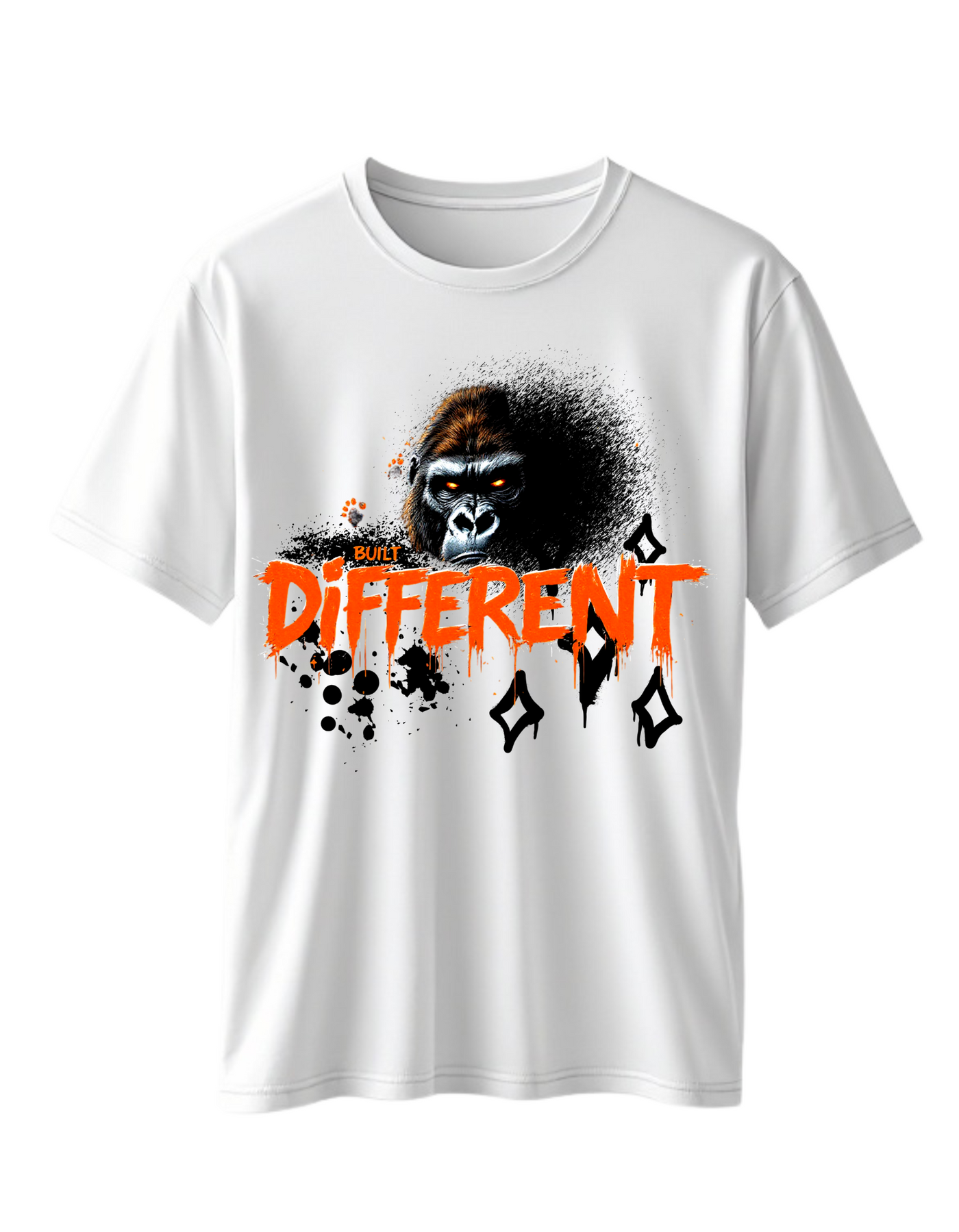 White t-shirt with custom DTF printed fierce gorilla design featuring orange glowing eyes and dripping text effect with diamond accents