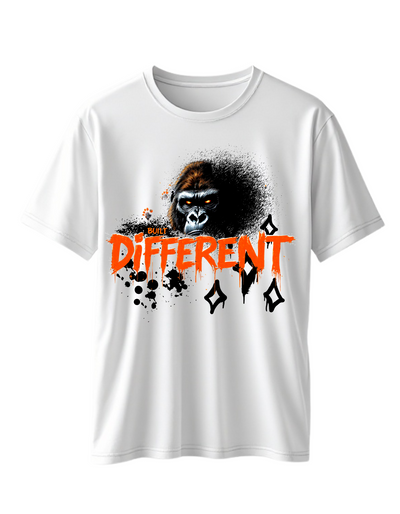White t-shirt with custom DTF printed fierce gorilla design featuring orange glowing eyes and dripping text effect with diamond accents