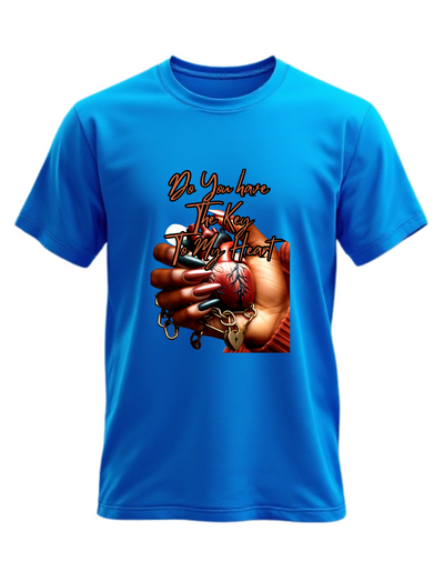 Blue t-shirt with custom DTF printed design featuring anatomical heart in hand with lock and chain details and copper script text