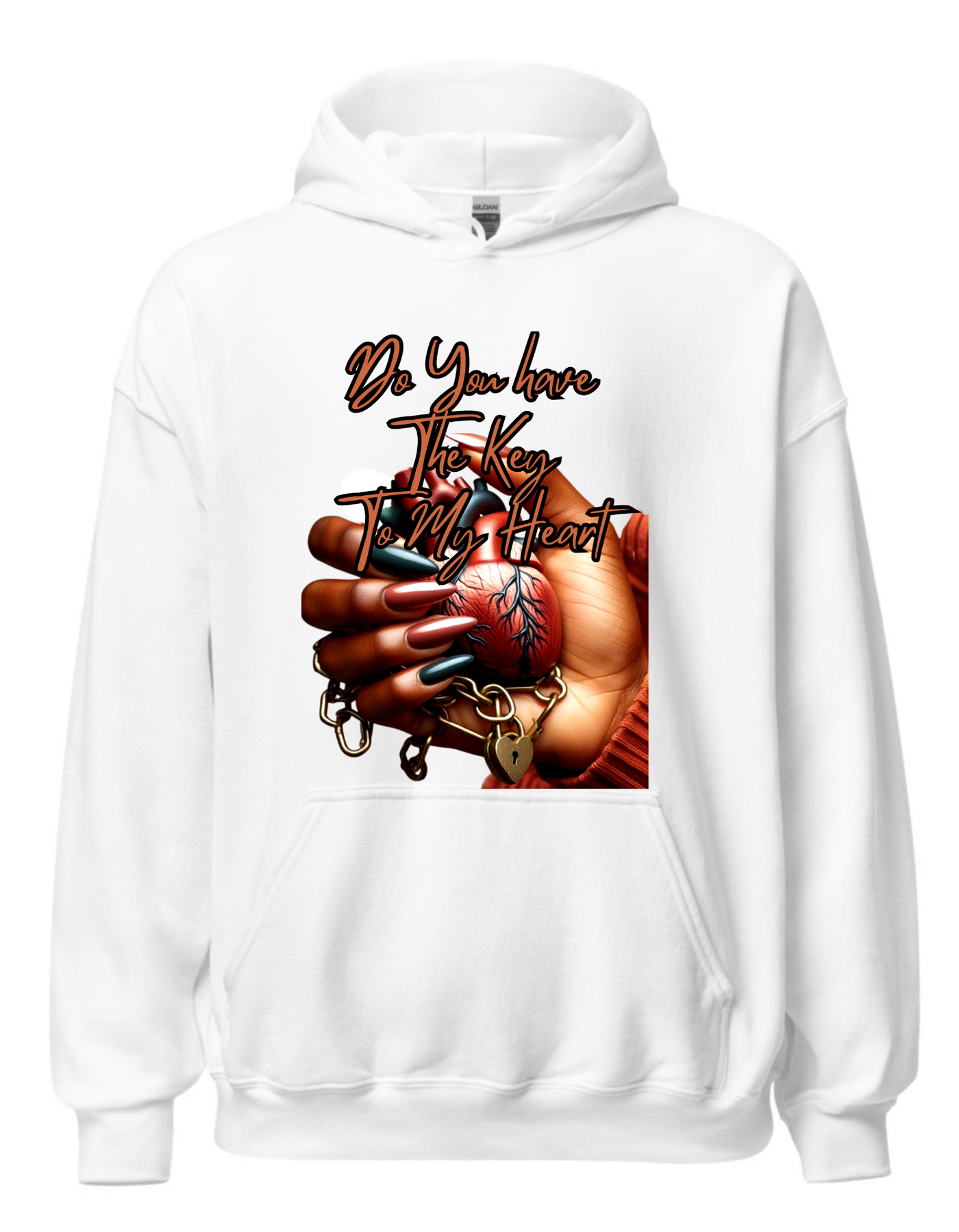 White hoodie with custom DTF printed design featuring anatomical heart in hand with lock and chain details and copper script text