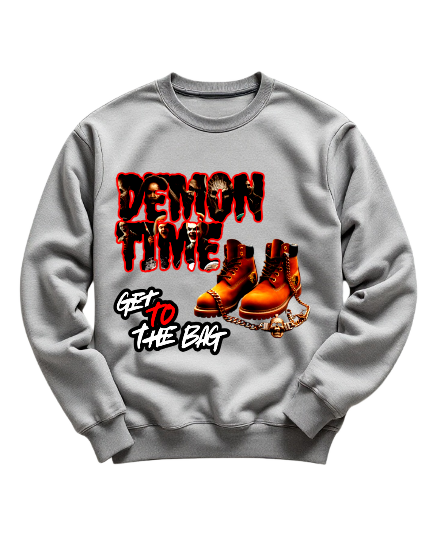 Grey crewneck sweatshirt with custom DTF printed Demon Time design featuring red text and brown work boots with gold chain accent