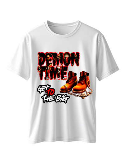 White t-shirt with custom DTF printed Demon Time design featuring red text and brown work boots with gold chain accent