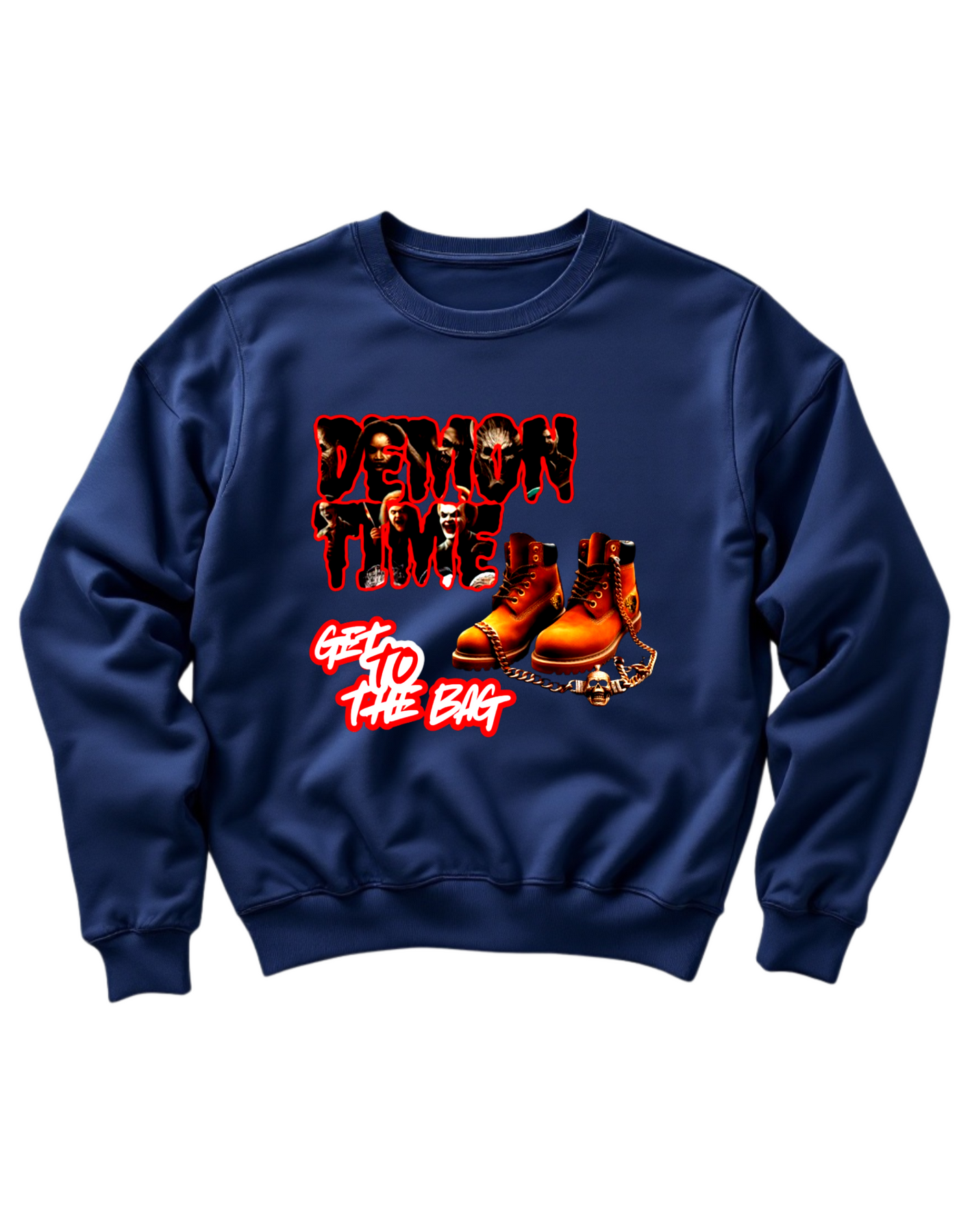 Navy crewneck sweatshirt with custom DTF printed Demon Time design featuring red text and brown work boots with gold chain accent
